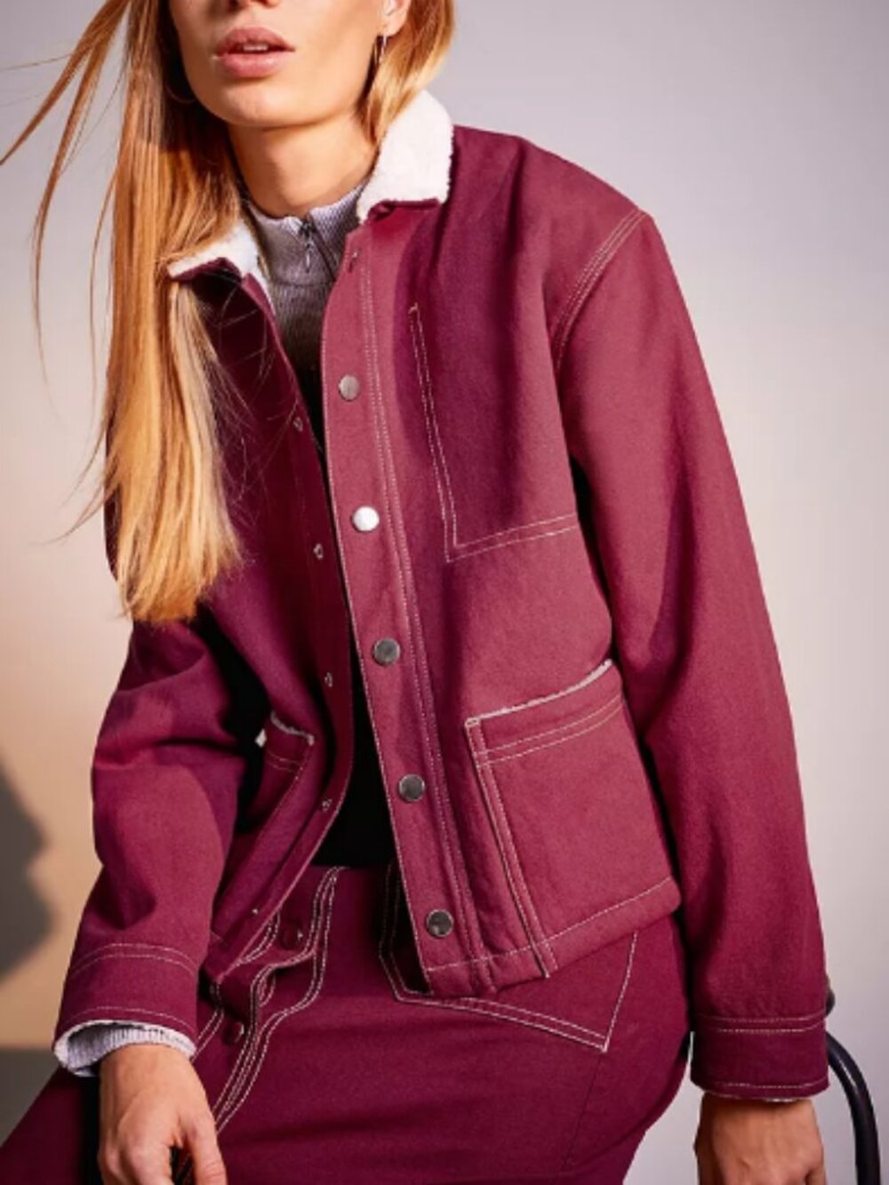 MARKEY by L.F. MARKEY Wine Red Canvas Sherpa Trim Chore Coat Jacket 2